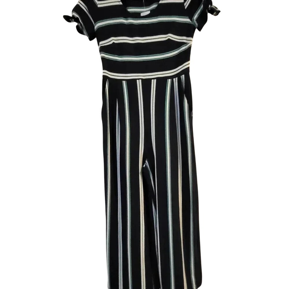 Jolt Womens Striped Wide Leg Jumpsuit Black‎ Teal White Ribbed Knit Large